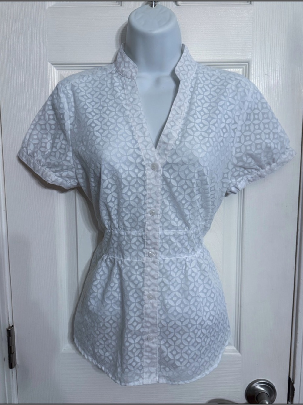 Attention White Semi-sheer Eyelet Button Down Top S